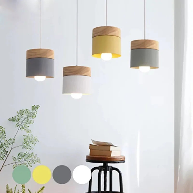 Wood Iron Pendant Lights: Modern Nordic Colorful Minimalist LED Hanging Lamps