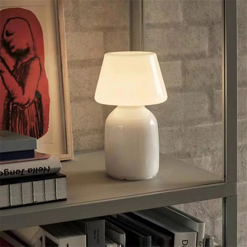 Apollo Mushroom Glass Table Lamp - White Glass Bedside Night Light
