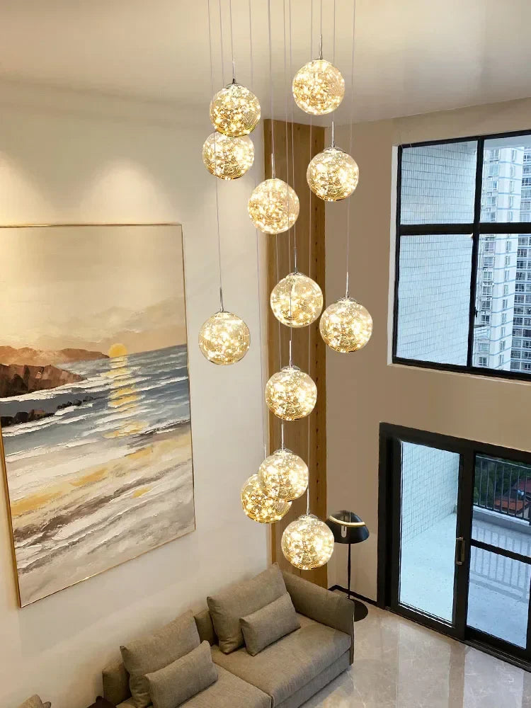 Glass Chandelier: Gold LED Staircase Lighting, Minimalist Design