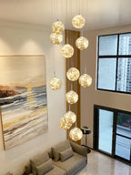 Gold LED Glass Chandelier: Minimalist Round Ball Staircase Lighting Fixtures
