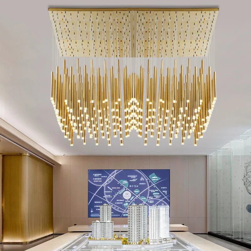 Golden Tube LED Chandelier for Modern Duplex Villa Living Room Staircase