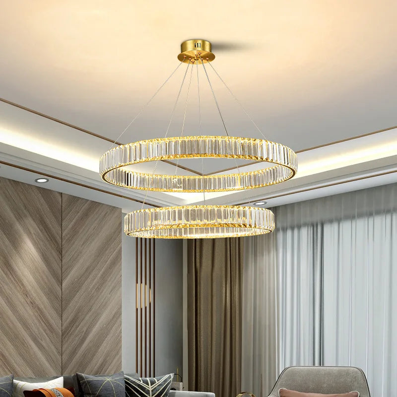 Gold Crystal Round Ring Chandeliers with LED Pendant Light for Ceiling Lighting