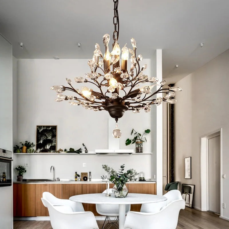 Industrial Crystal Chandelier: Vintage Farmhouse Ceiling Light for Living Room, Dining Room