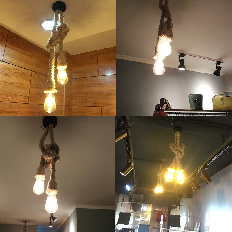 Vintage Hemp Rope Pendant Light E27 LED Industrial Lamp Loft Home Decor