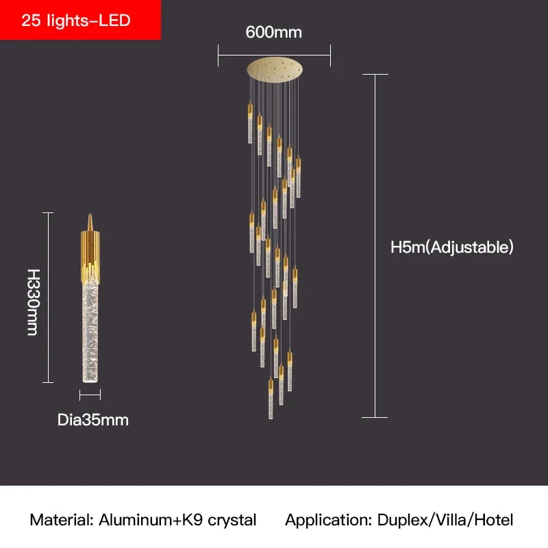 Crystal Staircase Chandelier: Modern Loft Hanging Lamps with Gold Finish