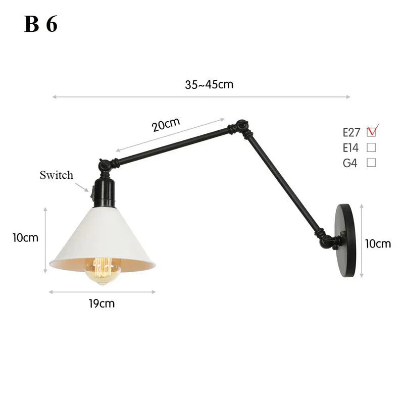 Retro Long Arm Bedside Wall Lamp with Switch - Black