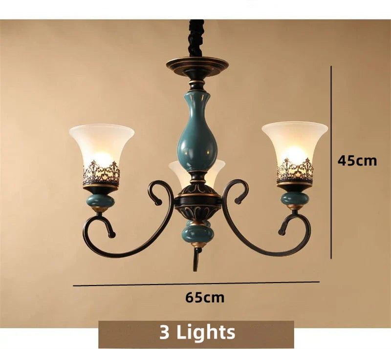 Vintage Ceramic Chandelier: European Classic Design, Glass Lampshade, Metal Arm Light