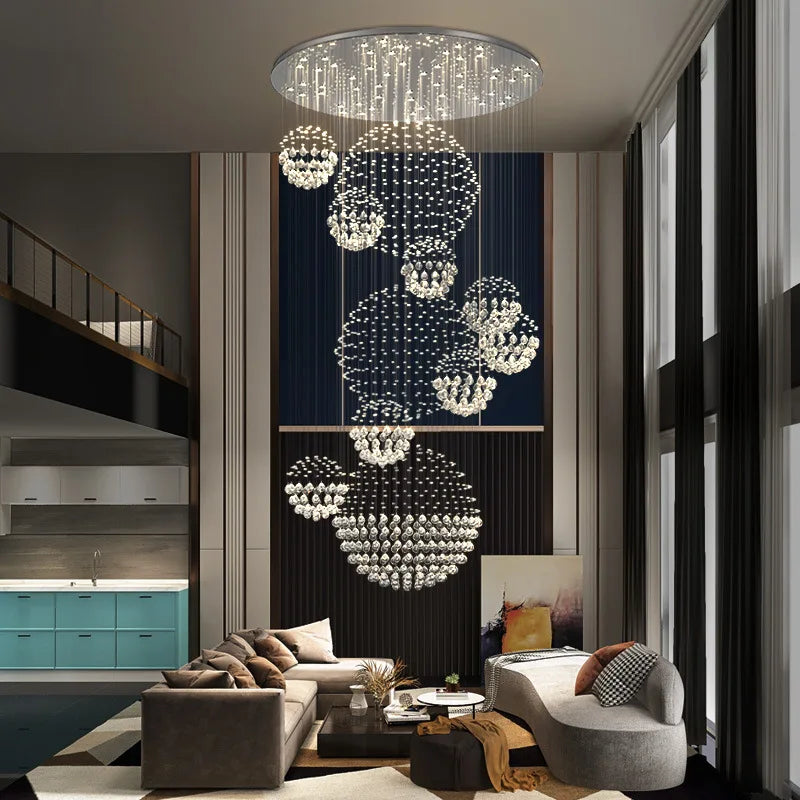 Modern Large Crystal Ball LED Chandelier for Staircase and Living Room