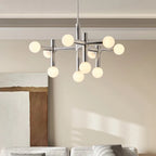 Tubular Chrome Chandelier with White Glass Shades - Modern Mid-Century Lighting