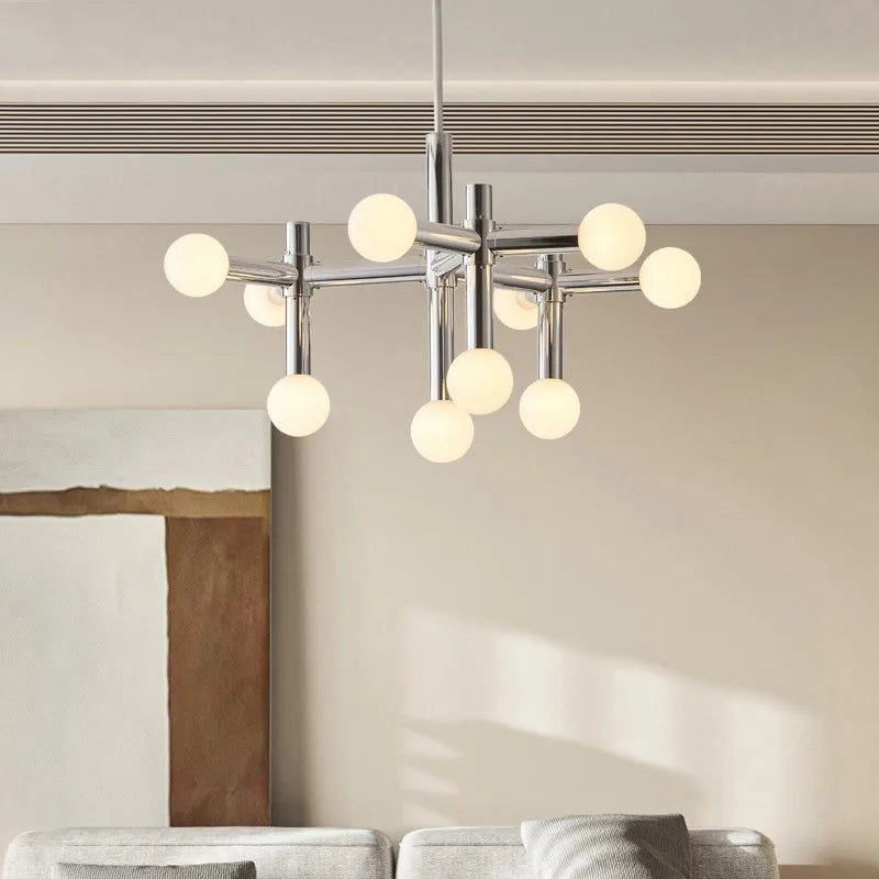 Tubular Chrome Chandelier with White Glass Shades - Modern Mid-Century Lighting