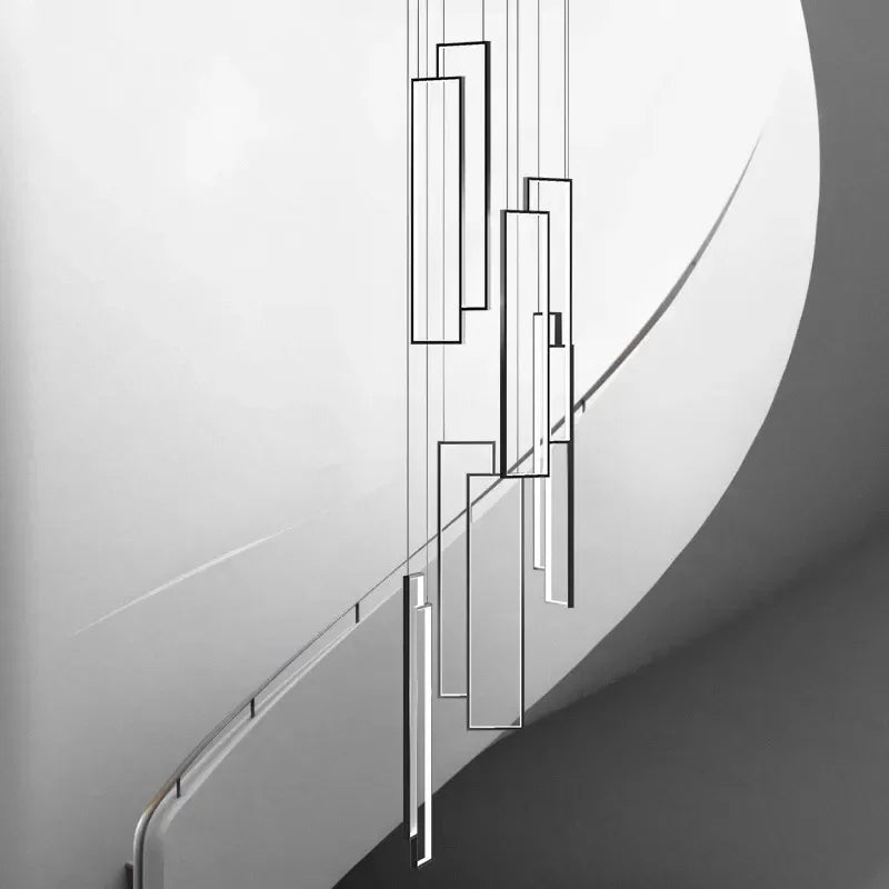 Nordic Black Rectangle LED Chandelier for Living Room, Dimmable Stairs Pendant Lighting
