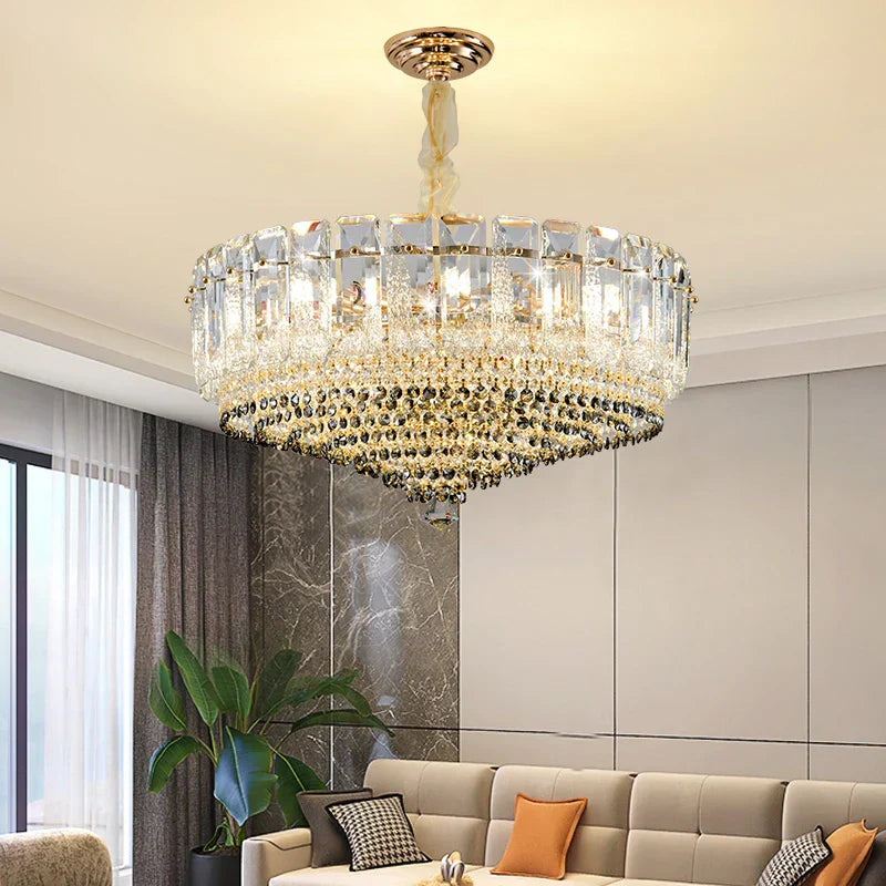 Crystal Duplex Villa Chandelier Hall Light - Luxe Living Room Middle Floor Lamp