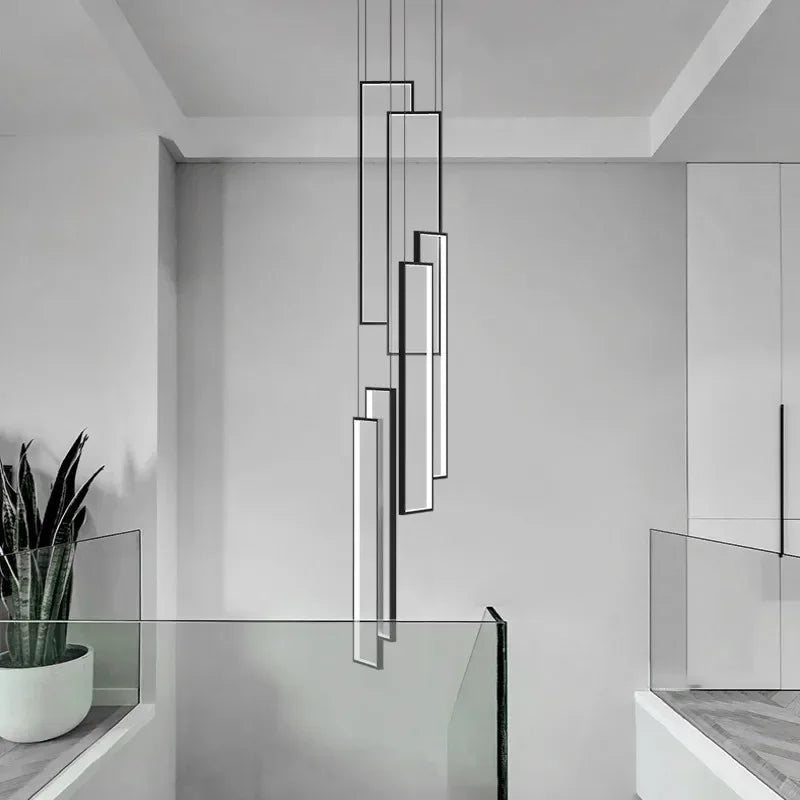 Nordic Black Rectangle LED Chandelier for Living Room, Dimmable Stairs Pendant Lighting