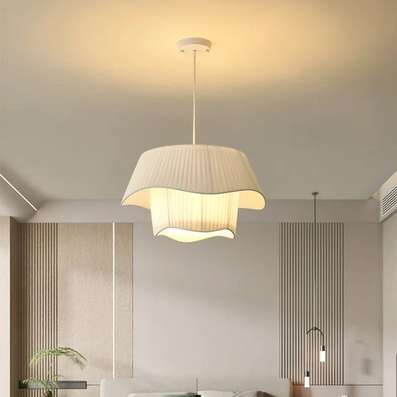 Creamy Style E27 Chandelier Bedroom Pendant Lights: Minimalist White Fabric LED Lamps