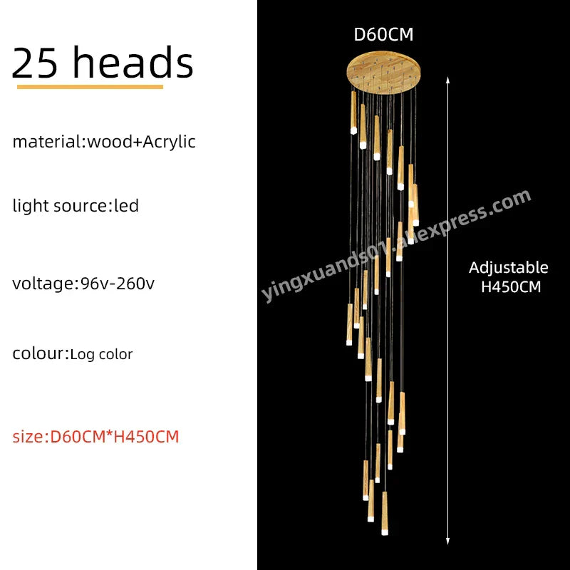 Wooden Chandelier: Modern LED Staircase Hanging Light