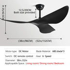 52 Inch DC Ceiling Fan with Remote Control for Living Room and Office