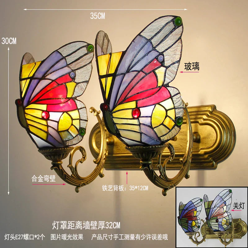 Butterfly Glass Sconces LED Wall Lamps Tiffany Mediterranean Bedroom Lighting
