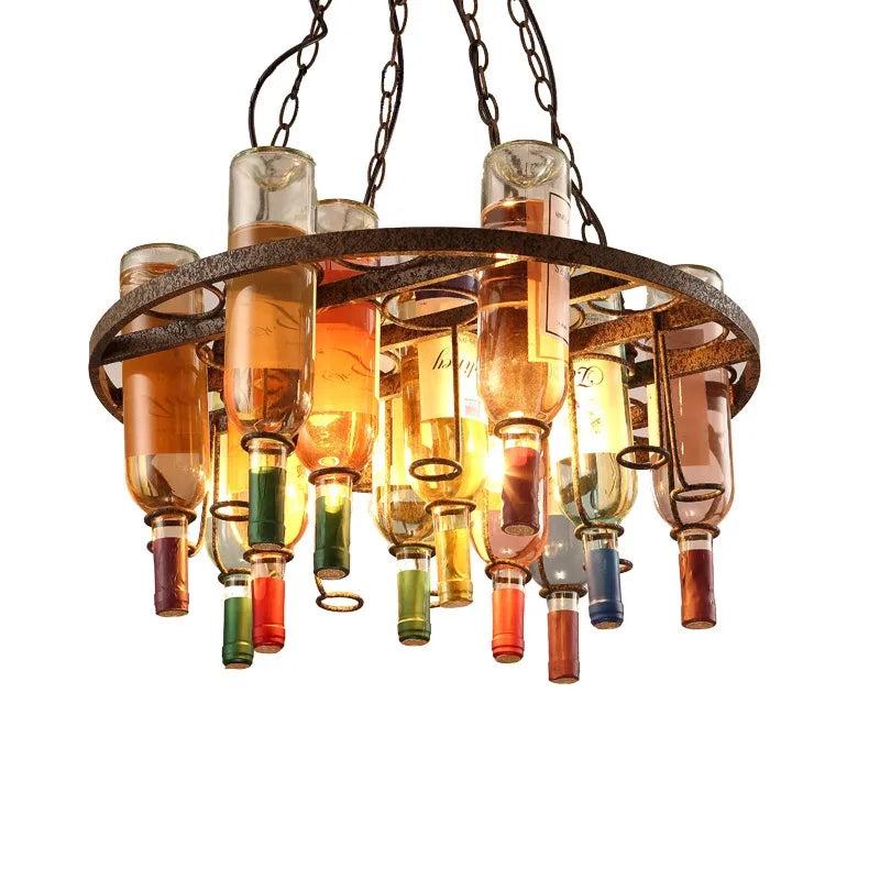 Rust Metal Wine Bottle Chandelier for Cafe LOFT Bar Lighting