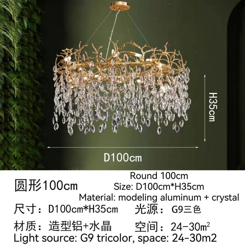 Golden Crystal Tree Chandelier, Luxury Matte Aluminum Art Ceiling Light for Living Room