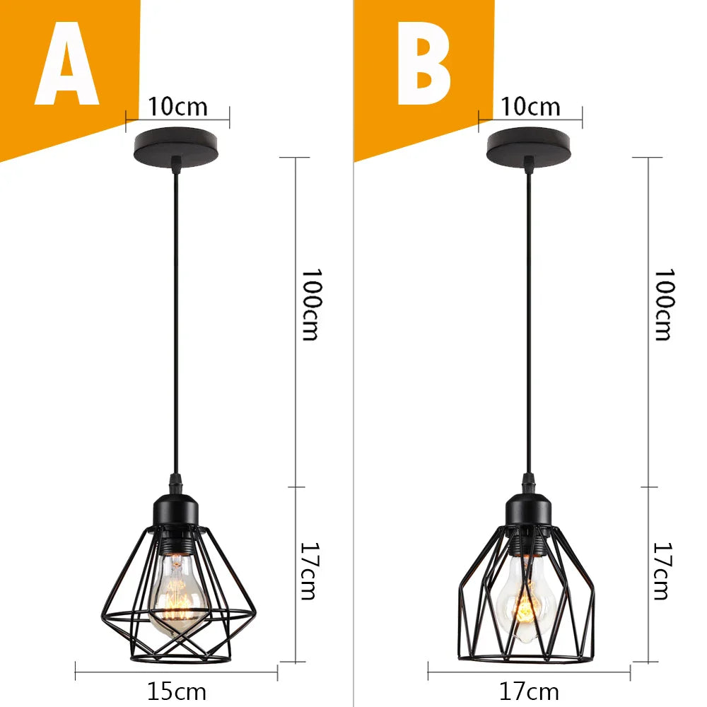 Black Metal Cage Pendant Light - Vintage Industrial Loft Kitchen Lighting