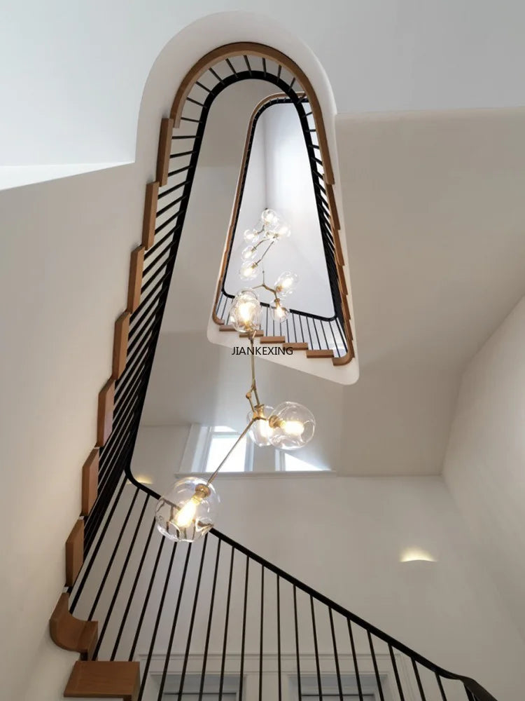 Glass Branching Staircase Chandelier with LED Multi-Color Lampshades.