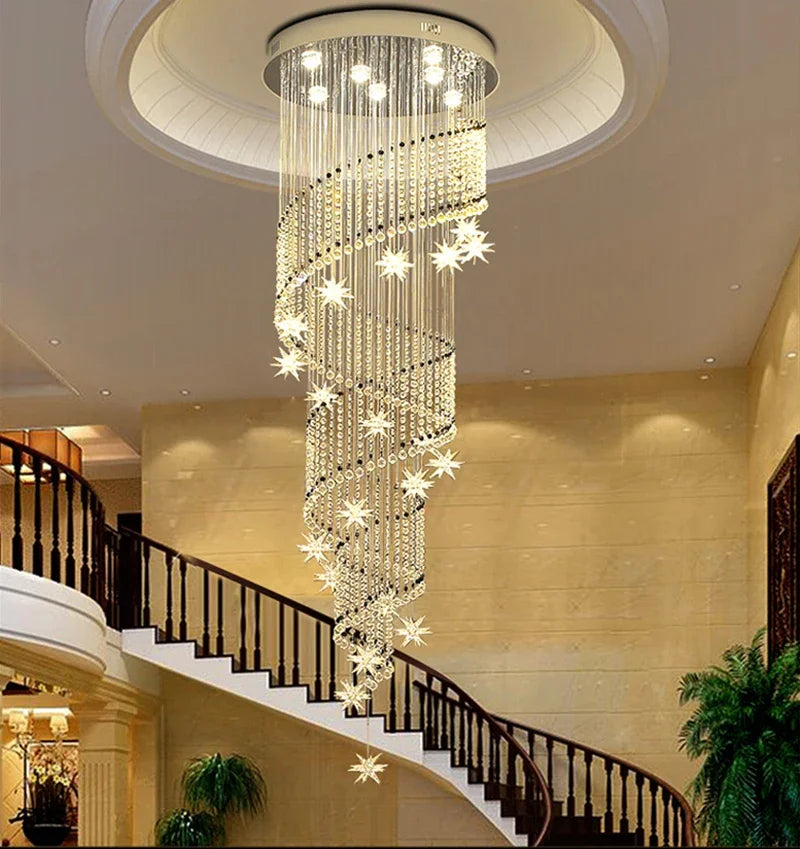 Moon & Star Crystal Chandelier: Spiral Design for Lobby and Staircase Lighting