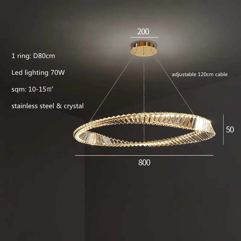 Gold Plated Steel Ring Pendant Lamp with Dimmable LED Lights and K9 Crystals