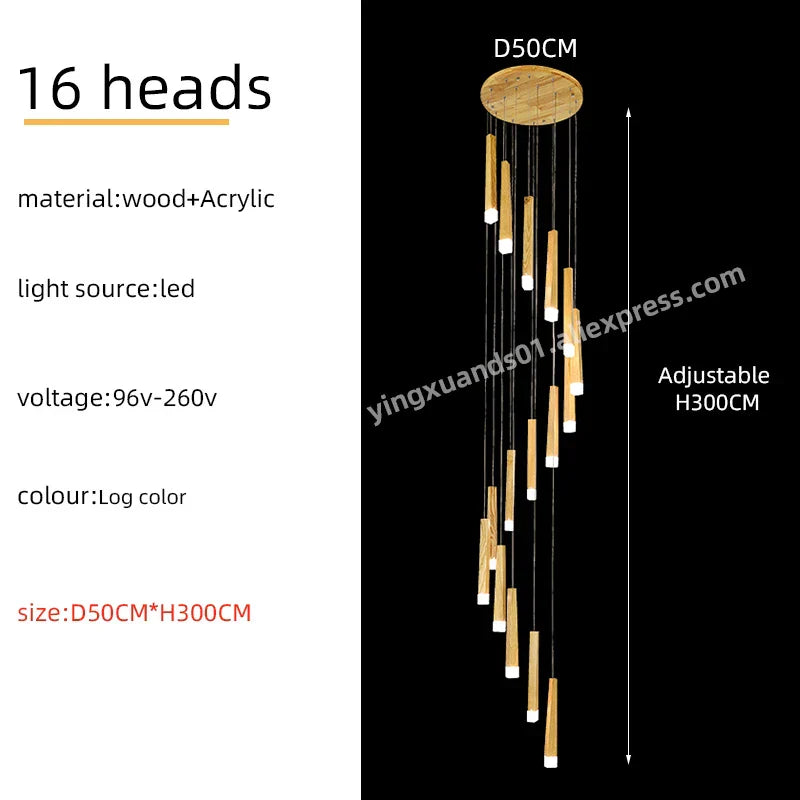 Wooden Chandelier: Modern LED Staircase Hanging Light