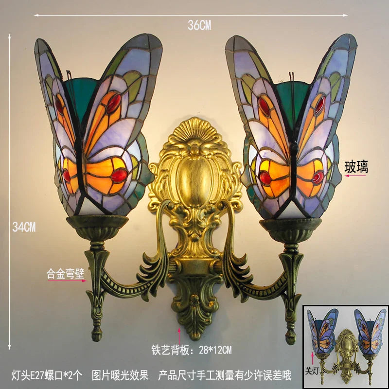 Butterfly Glass Sconces LED Wall Lamps Tiffany Mediterranean Bedroom Lighting