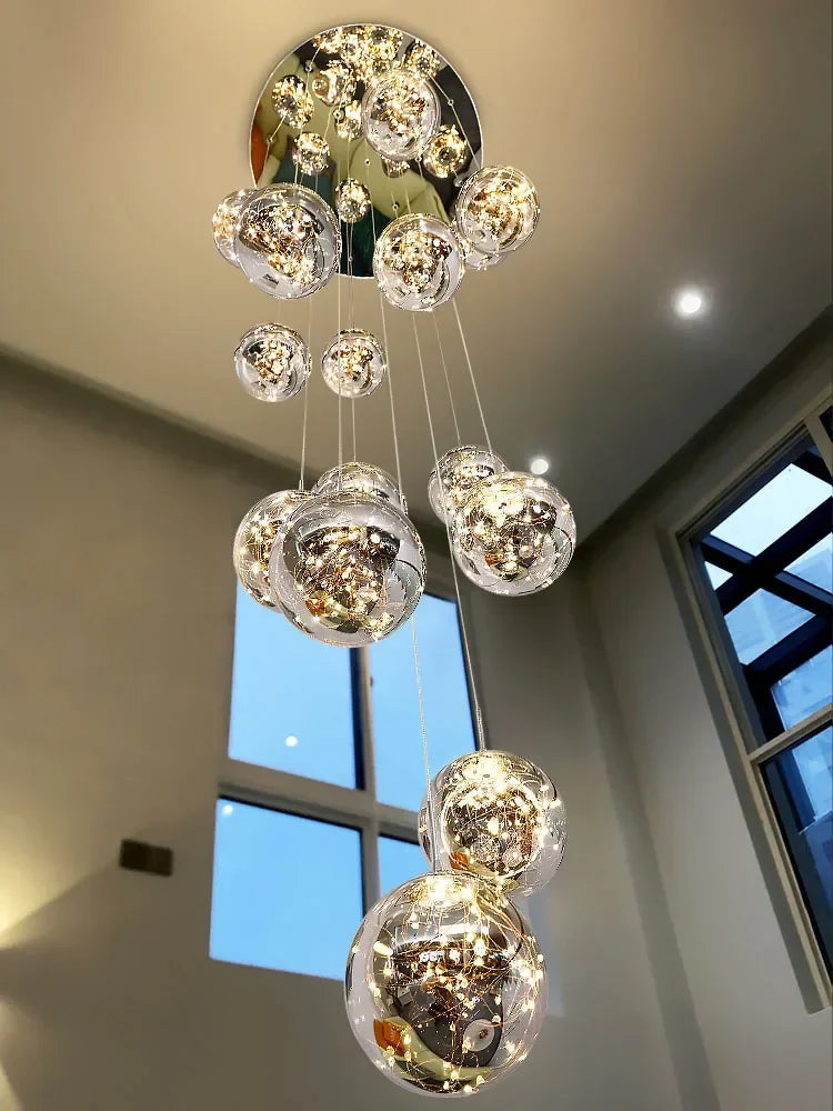 Gold LED Glass Chandelier: Minimalist Round Ball Staircase Lighting Fixtures