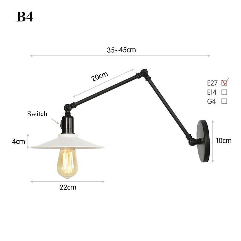 Retro Long Arm Bedside Wall Lamp with Switch - Black