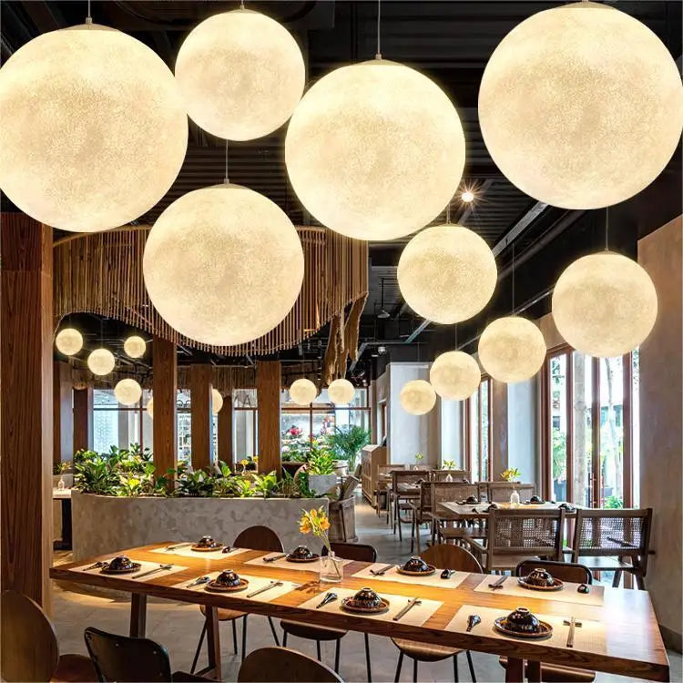 Nordic Moon Round LED Chandelier: Modern Living Room Dining Pendant Light for Bedroom Atmosphere