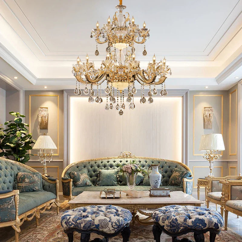 European Crystal Chandelier | Luxe Villa Hall Lighting | Zinc Alloy Middle Floor Lamp