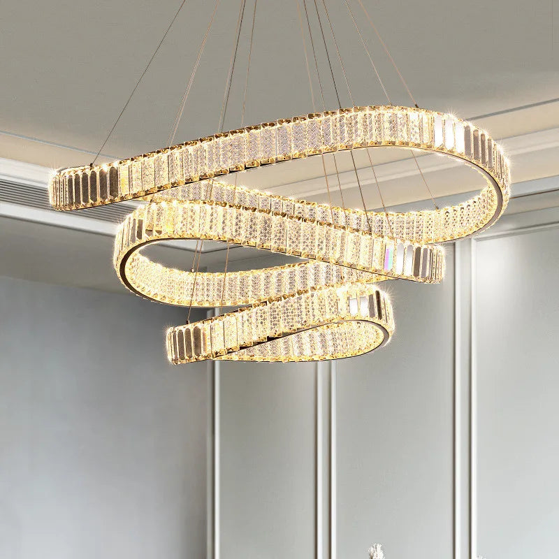 Irregular Steel & K9 Crystal LED Pendant Chandelier for Foyer, Dimmable Lighting