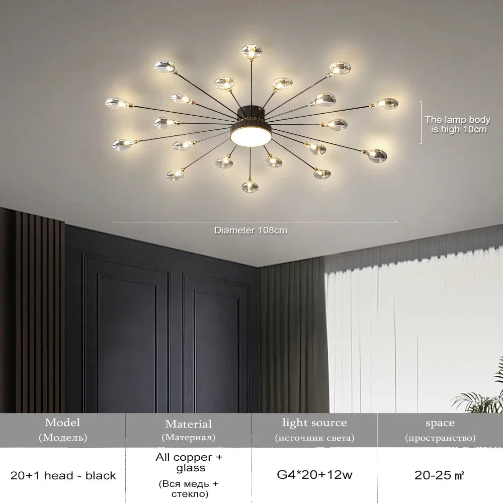 Copper Fireworks LED Ceiling Chandelier for Modern Bedroom and Living Room Decor