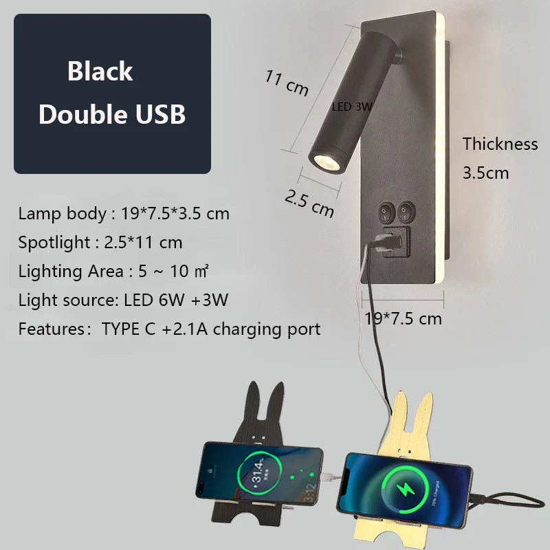 Black Brass LED Wall Lamp with USB Port & Switch - 3W Spotlight for Bedroom