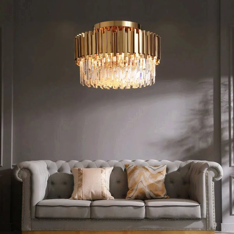 Gold Crystal Ceiling Lamp: Modern LED Lighting Fixtures for Luxurious Living Rooms.