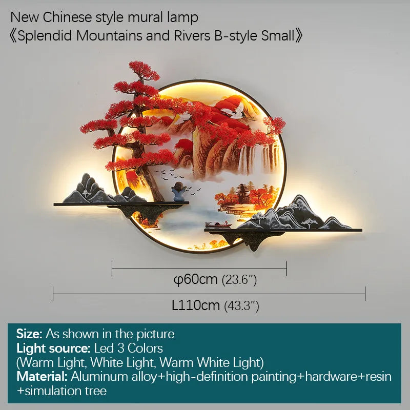 3D Chinese Pine Landscape Picture Wall Lamp for Home Living Room
