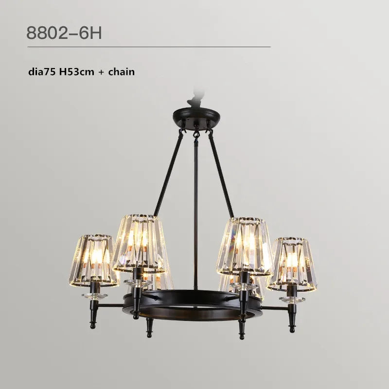 Matte Black Metal LED Chandelier with K9 Crystal Shades - Round Pendant Lighting