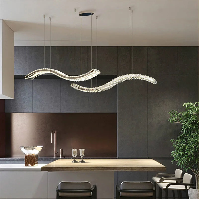 Modern Crystal Chandelier: Stainless Steel Long Strip Hanging Lamp for Kitchen and Dining