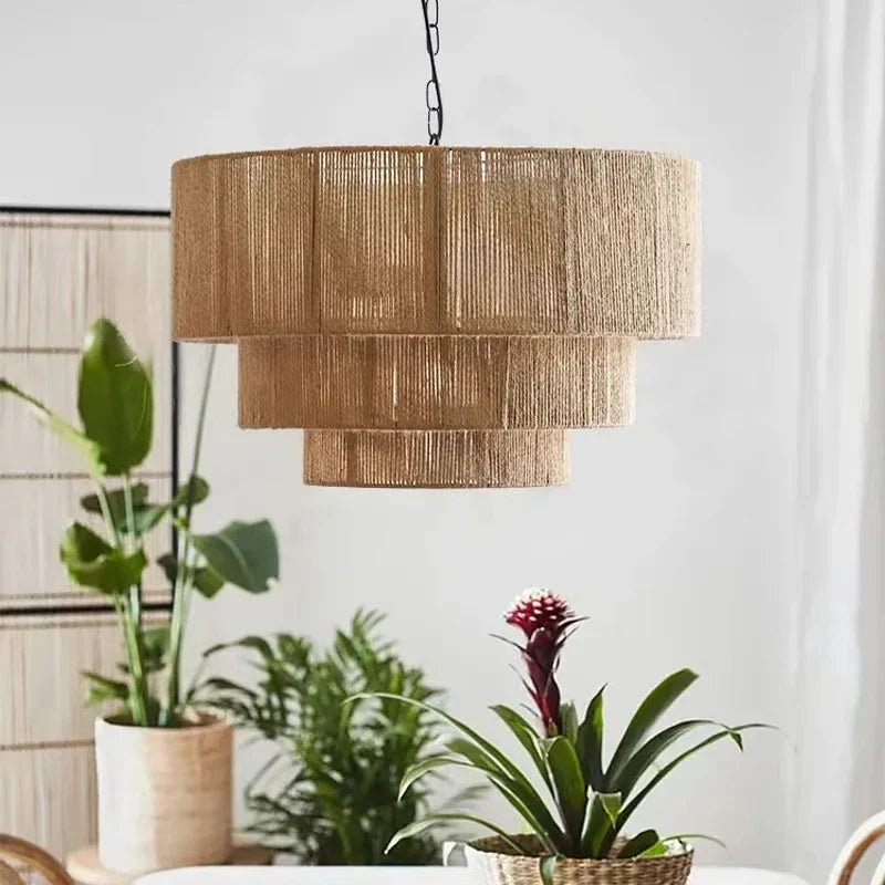 Rattan Pendant Light Handmade Hemp Rope, Japanese Design for Dining Room and Cafe