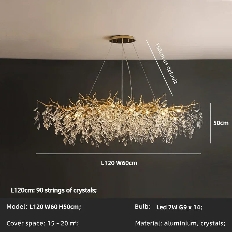 Crystal Branch Chandelier LED Pendant Lamps Elegant Villa Living Room Gold Decor