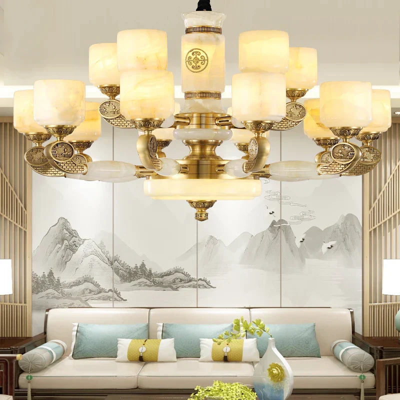 Zen Jade Chandelier: Modern Chinese Style Living Room Lamp for Villa, Restaurant, and Building