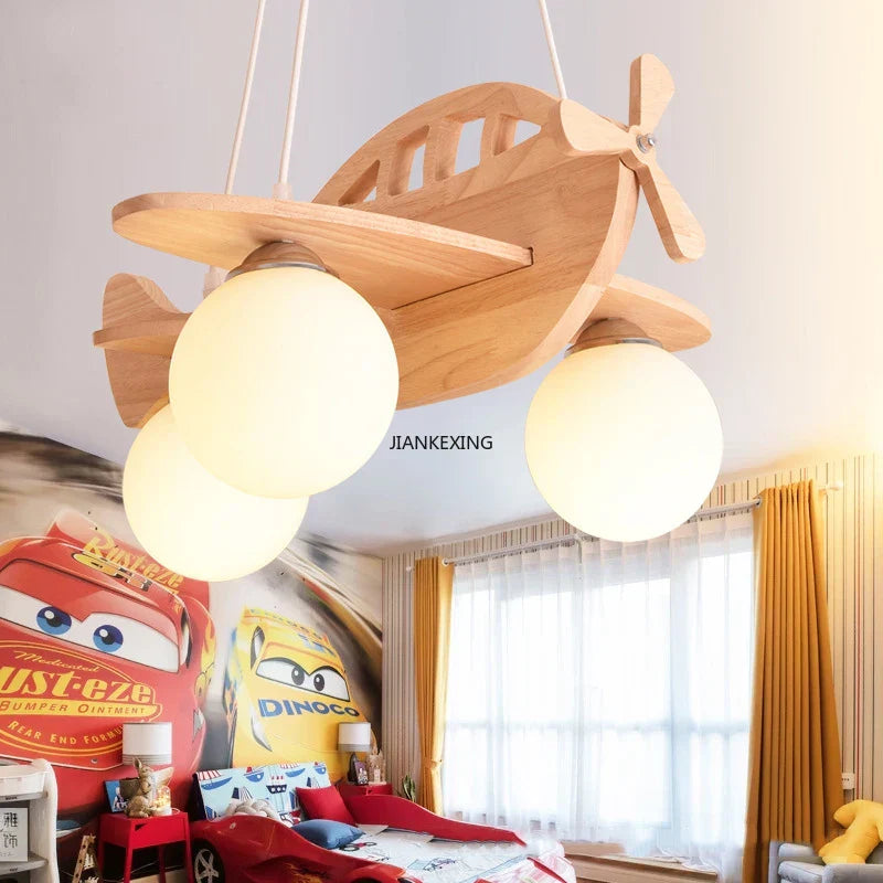 Kids Wood Airplane Chandelier LED Suspension Light for Boy's Bedroom