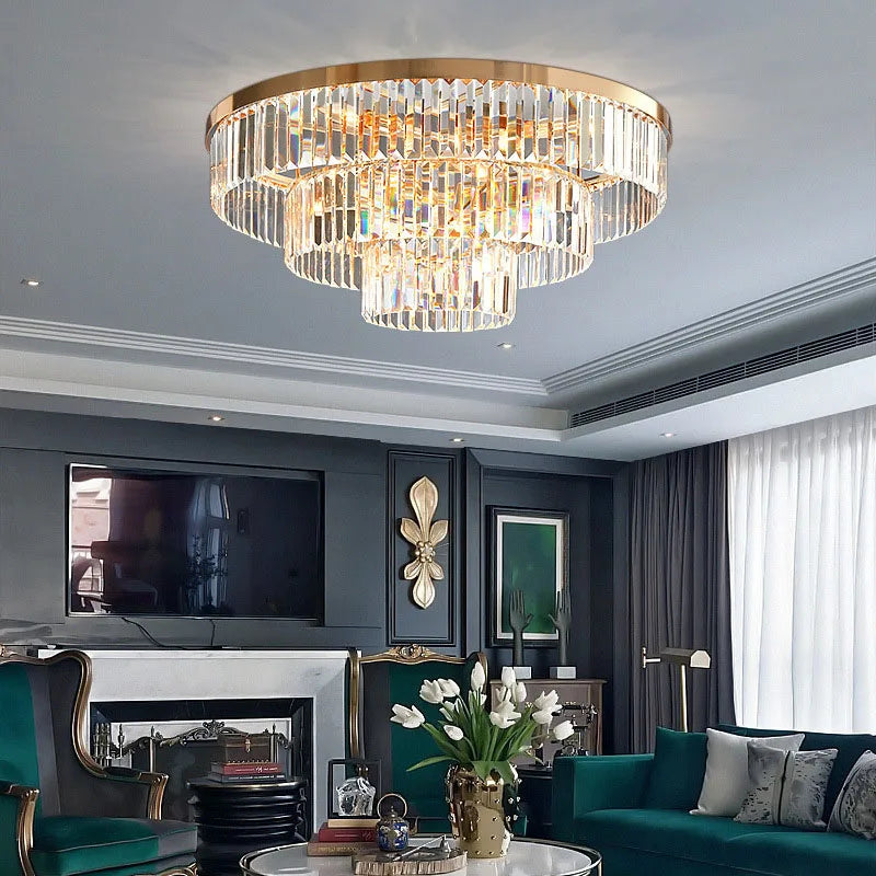 Gold LED Crystal Ceiling Light for Modern Living Room, Luxury Home Decor