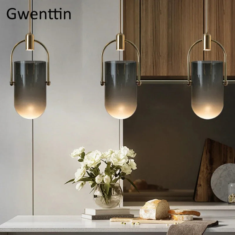Bucket Glass Pendant Lamp LED Modern Hanging Lights for Dining Room Kitchen Home Décor