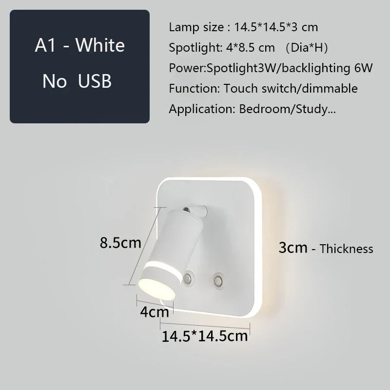 LED Wall Sconce Lamp Touch Switch USB Bedside Reading Light Tri-color Diammable