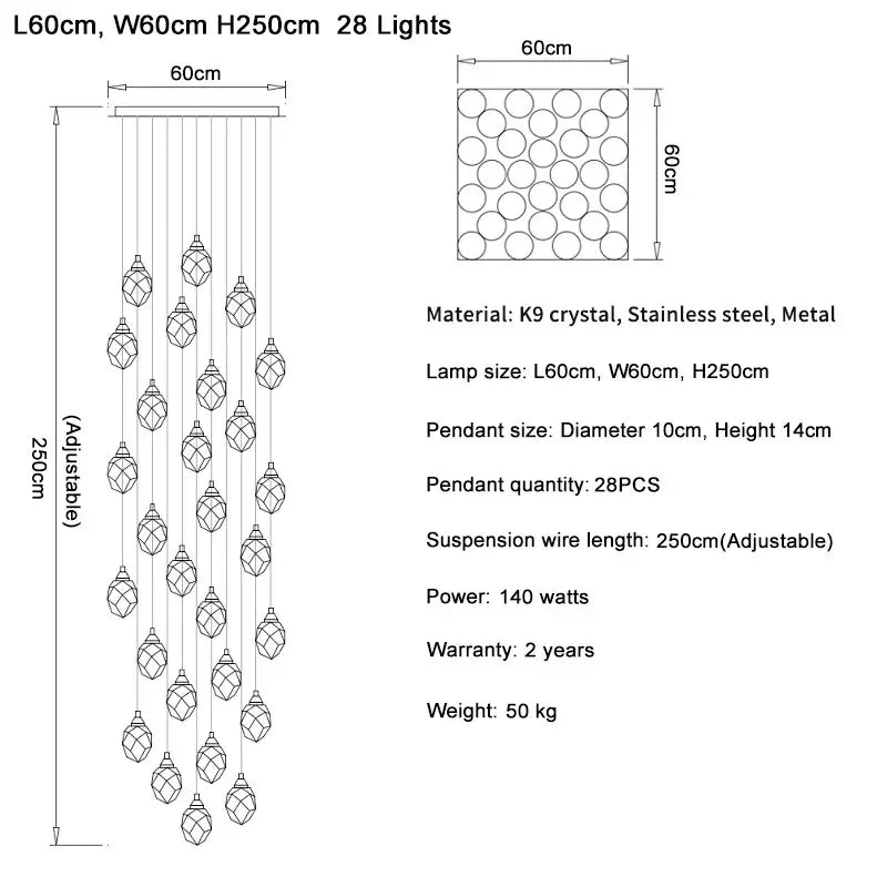 Diamond Crystal Ball Chandelier, Luxury LED Light Fixture for Staircase and Living Room