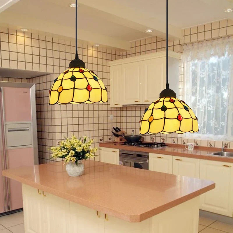 Stained Glass Pteris Pendant Light Chandelier for Dining Room and Bedroom
