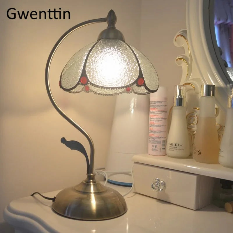 Mediterranean Tiffany Stained Glass Table Lamp LED Living Room Bedroom Vintage Fixtures